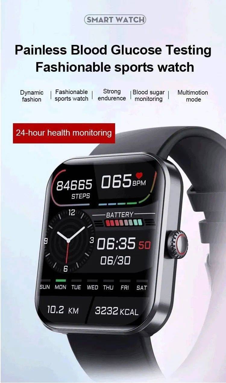 All day monitoring of heart rate,blood sugar, and blood pressure Bluetooth fashion watch support 24 languages