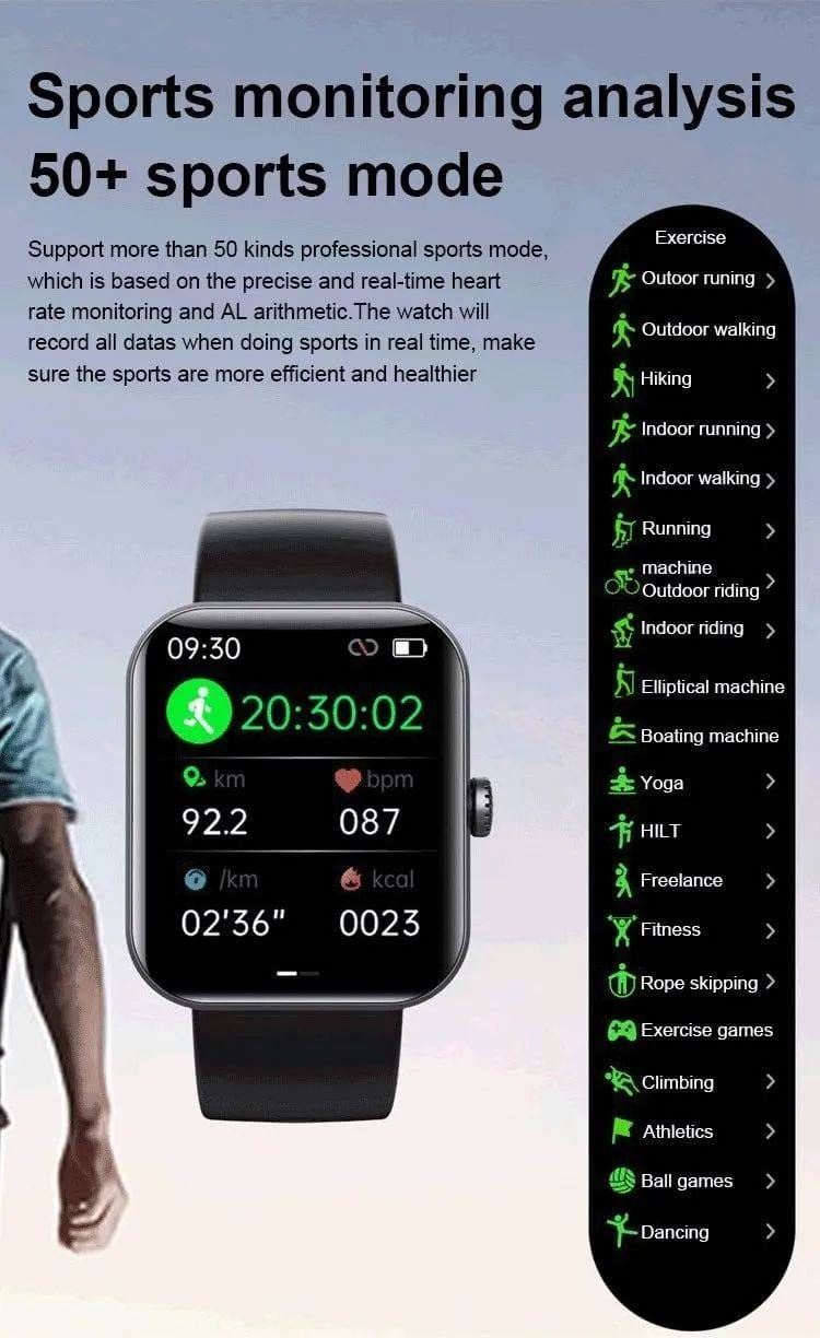 All day monitoring of heart rate,blood sugar, and blood pressure Bluetooth fashion watch support 24 languages