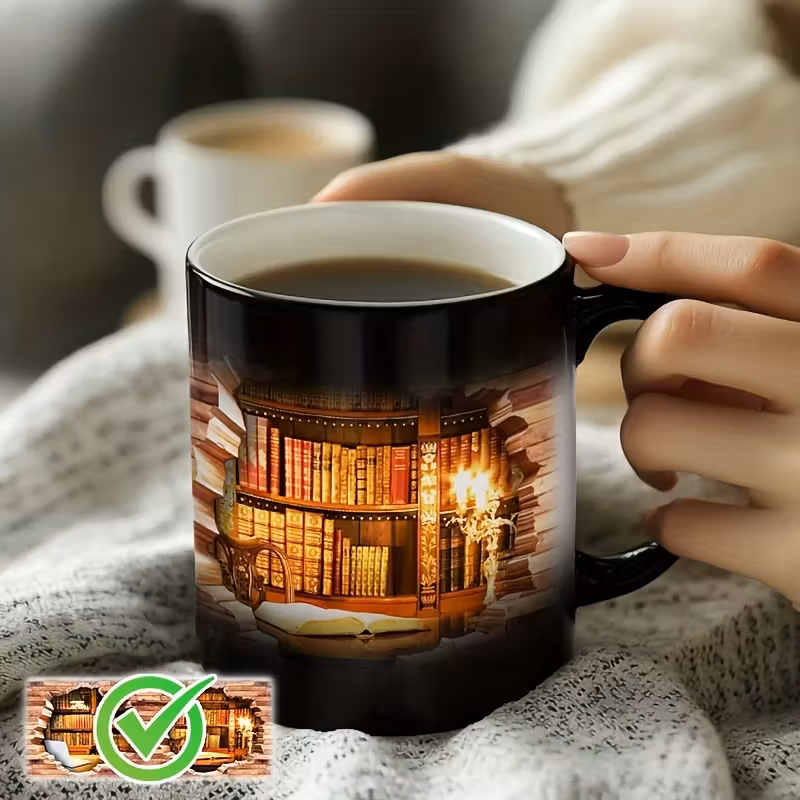 3D Color-Changing Ceramic Coffee Mug for Book Lovers – 11oz, Reusable, Hand Wash Only, Includes Gift for Readers