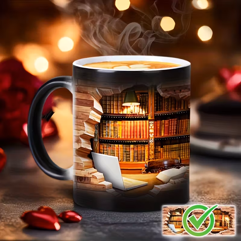 3D Color-Changing Ceramic Coffee Mug for Book Lovers – 11oz, Reusable, Hand Wash Only, Includes Gift for Readers