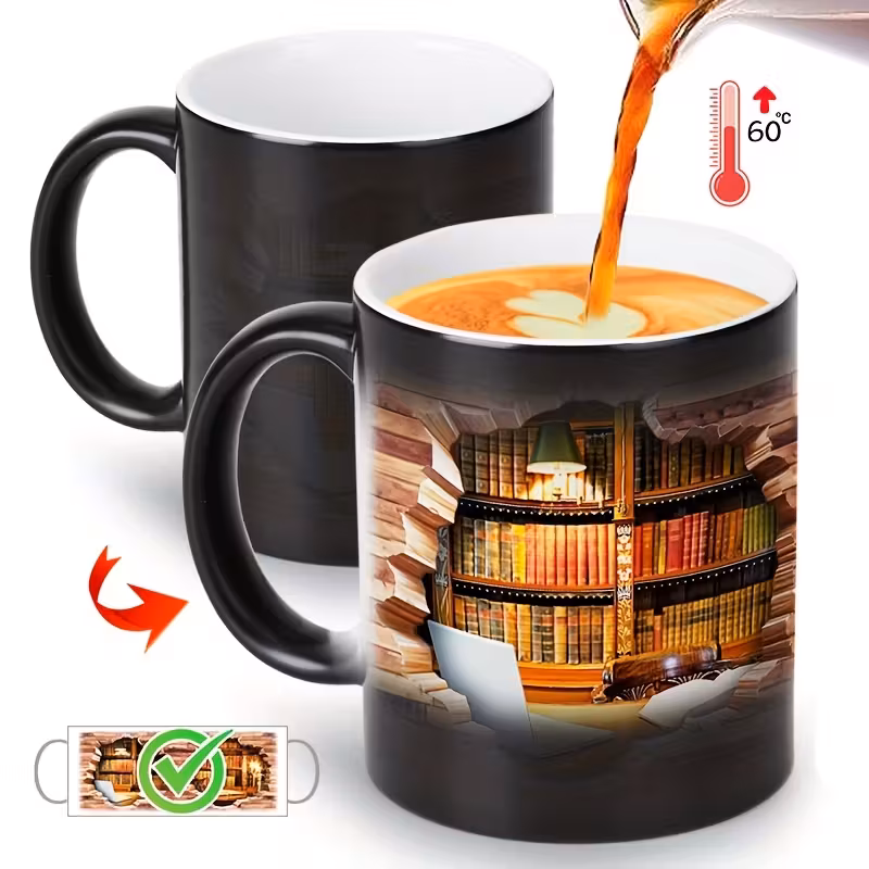 3D Color-Changing Ceramic Coffee Mug for Book Lovers – 11oz, Reusable, Hand Wash Only, Includes Gift for Readers