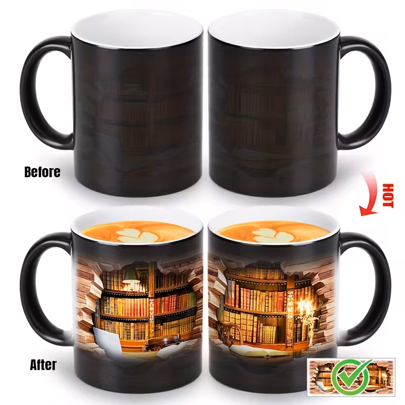3D Color-Changing Ceramic Coffee Mug for Book Lovers – 11oz, Reusable, Hand Wash Only, Includes Gift for Readers